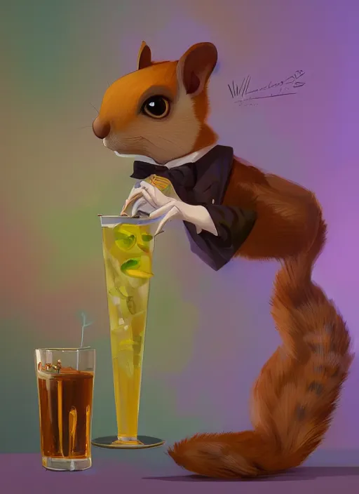 Prompt: squirrel anthro as a dapper bartender with a big fluffy tail, retro futurism, art deco, detailed painterly digital art by WLOP and Cory Loftis, 🐿🍸🍋, furaffinity, trending on artstation