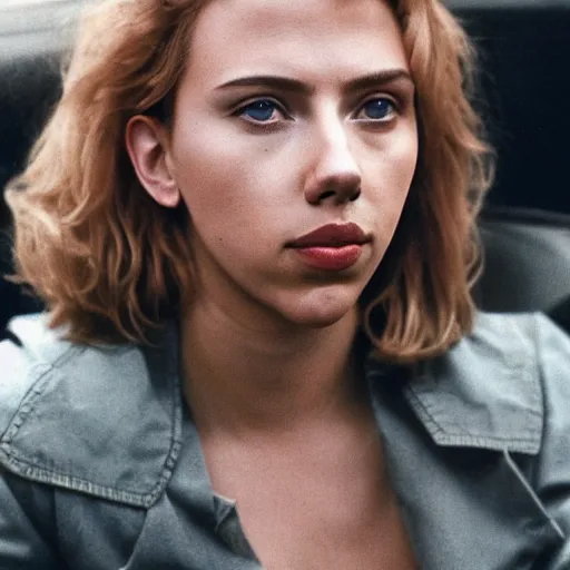 Image similar to a portrait photo of 20 year old male scarlett johansson, with a sad expression, looking forward