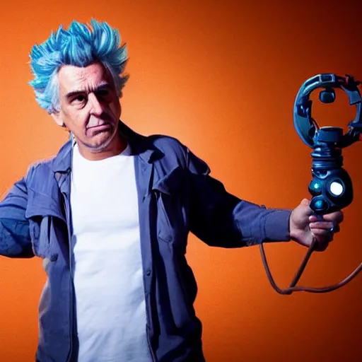 Prompt: Rick Sanchez as a real-life person, studio portrait, real-life-action movie star, holding a portal gun, opening a portal, Rick Sanchez