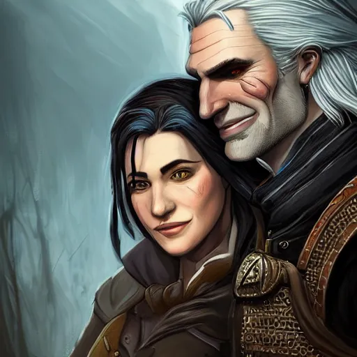 Prompt: Portrait of Geralt of Rivia with a smiling Yennefer of Vengerberg leaning her head on his shoulder, character design, fantasy, cartoon, bright atmosphere, highly detailed, ArtStation, trending on ArtStation, by Matthew Orders