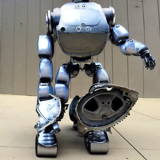 Image similar to humanoid robot made up of old car parts and electronics, hyper realistic, high quality, high resolution