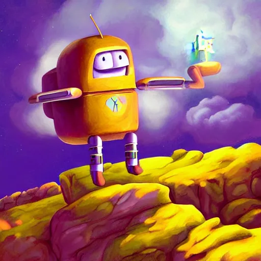 Image similar to A flying android smiling while holding a boulder, surrounded by clouds and purple lightning, digital art, Mexican folk art, Hyperdetailed, amazing background, matte painting, gouache, Martin Sandiego, Julia Fuentes, Miguel Sandiego