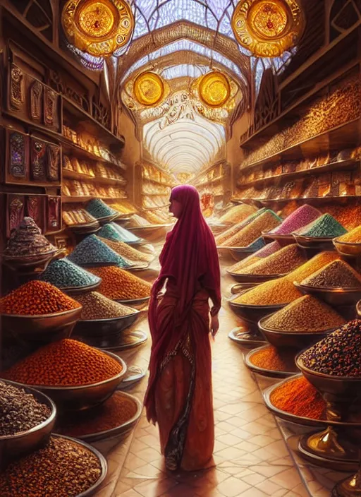 Image similar to a young arabian lady shopping at a desert spice market, shiny, fantasy, intricate, elegant, hyper detailed, ultra definition, photoreal, artstation, unreal engine rendered, concept art, smooth, sharp focus, illustration, art by artgerm and greg rutkowski and alphonse mucha and garis edelweiss