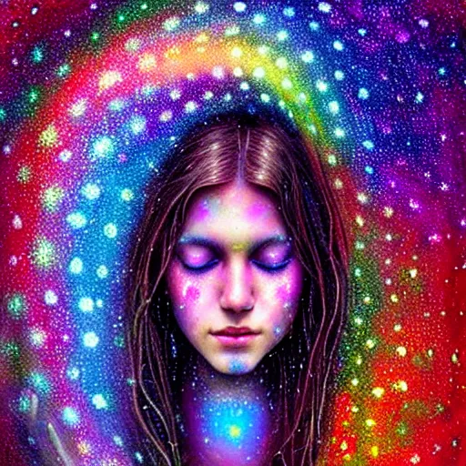 Image similar to girl finding spiritual freedom in psychedelic LSD rain with wet hair and face, morphing to stary complex spiral galaxy, fantasy, intricate, elegant, dramatic lighting, emotionally evoking symbolic metaphor, highly detailed, lifelike, photorealistic, digital painting, artstation, concept art, smooth, sharp focus, illustration, art by John Collier and Albert Aublet and Krenz Cushart and Artem Demura and Alphonse Mucha