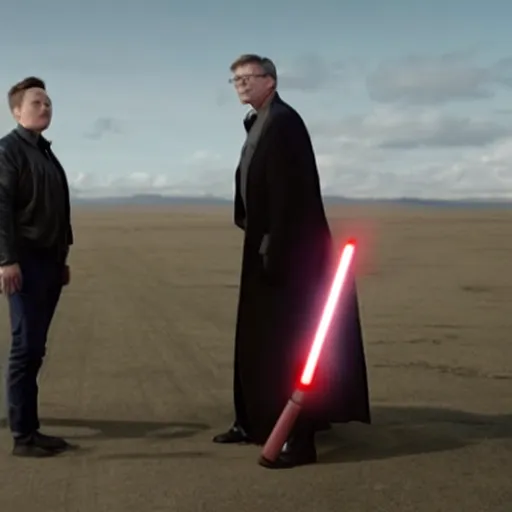 Image similar to film still of elon musk dueling bill gates with a lightsaber, epic cinematic