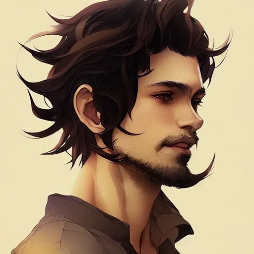 Prompt: Portrait of man with Tousled Curls type hair and Brown Indonesian-type skin, atmospheric lighting, intricate detail, cgsociety, ambient light, dynamic lighting, anime style by Yusuke Kozaki