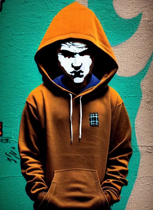 Image similar to highly detailed portrait of a sewer style seattle student, tartan hoody, by atey ghailan, by greg rutkowski, by greg tocchini, by james gilleard, by joe fenton, by kaethe butcher, gradient green, brown, blonde crea, orange, brown and white color scheme, grunge aesthetic!!! ( ( graffiti tag wall background ) )