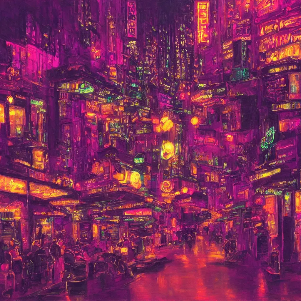 Image similar to a neon seedy city at night. in the style of delphin enjolras. purple color scheme. intricate. highly detailed.
