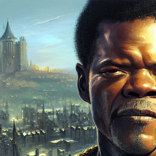 Image similar to closeup portrait of a young samuel jackson as a medieval knight, city background, dramatic light, gorgeous view, depth, high detail, digital art, painted by greg rutkowski, trending on artstation