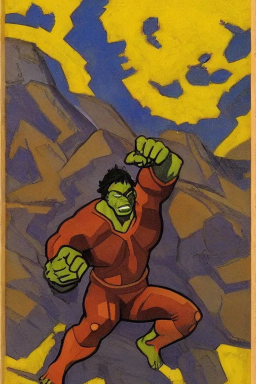 Image similar to hulk, marvel, artwork by nicholas roerich,