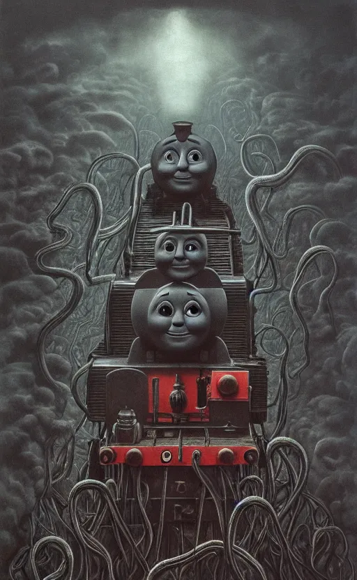 Image similar to thomas the tank engine in style of zdzisław beksinski, extremely dramatic lighting, 8 k, tendrils, black, darkness, black slime tendrils, infected, rust, body horror, thomas the train, thomas the tank engine face, horror,