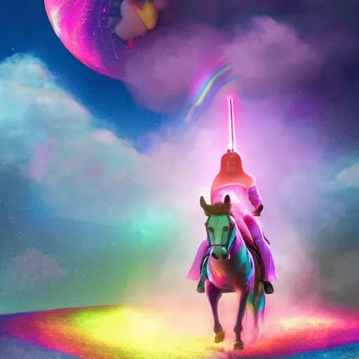 Image similar to beautiful matte painting, rainbow colored pink pink darth vader costume wearing pink wearing pink, riding a unicorn, riding a unicorn, riding a unicorn over a glittering rainbow in space by lisa frank and dan mumford, octane render, HDR, vivid color, volumetric lighting, unreal engine, concept art, CGsociety, trending on artstation