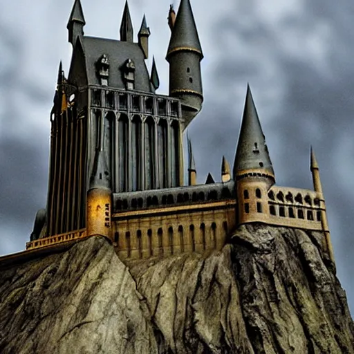 Prompt: Hogwarts castle destroyed, broken windows, broken rampart, wizards mourning