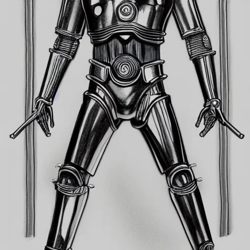 Image similar to full body black and white pencil sketch of muscular C3PO