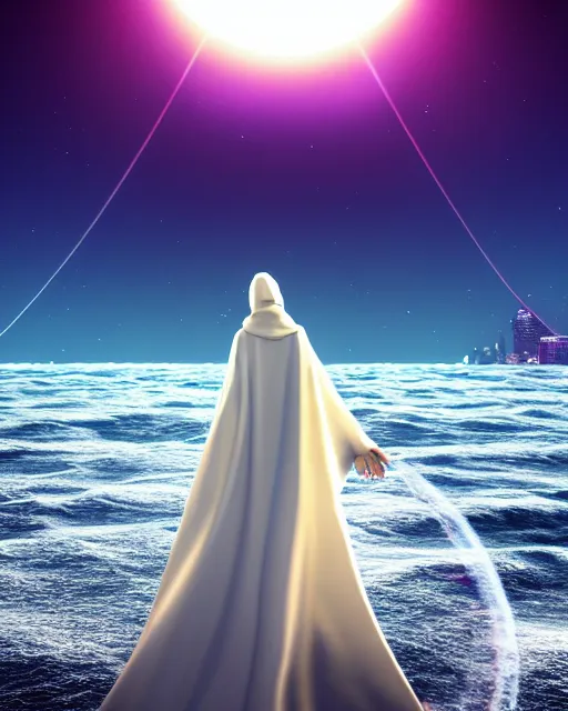 Image similar to a person wearing a white cloak that's blowing in the wind. they are standing in the water. a large planet with rings is visible in the sky. an album cover by stanley twardowicz, trending on cg society, retrofuturism, retrowave, chillwave, synthwave, 3 d render, unreal engine
