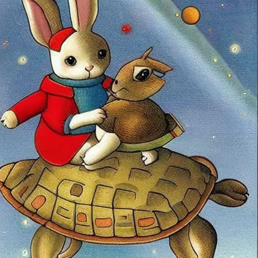 Image similar to rabbit riding a dog riding a turtle in space