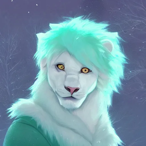 Image similar to aesthetic portrait commission of a albino male furry anthro lion wearing a cute mint colored cozy soft pastel winter outfit, winter Atmosphere. Character design by charlie bowater, ross tran, artgerm, and makoto shinkai, detailed, inked, western comic book art, 2021 award winning painting