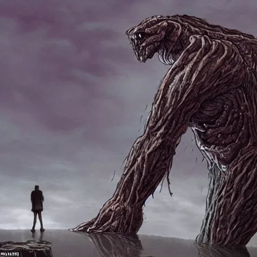 Image similar to a giant creature looms in the distance, towering over someone who is very small in comparison, horror art