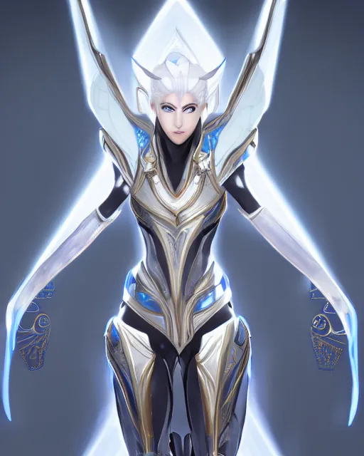 Image similar to perfect white haired attractive egyptian goddess, warframe armor, beautiful, symmetric, dreamy, half asian, pretty face, blue eyes, detailed, scifi platform, laboratory, experiment, 4 k, ultra realistic, epic lighting, android body, illuminated, cinematic, masterpiece, art by akihito tsukushi, voidstar