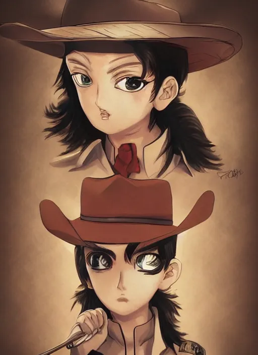 Image similar to a portrait one person, complexity, global lighting, detail, ultra sharpness, beautiful female sheriff body from games yoshihiro togashi style, big eyes, plump lips, a gunshot, global lighting, western saloon theme, detailed faces, blank faces, style by huyy nguyen, cowboy bebop art style