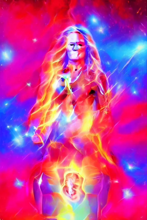 Image similar to Brie Larson as Captain Marvel high quality digital painting in the style of Lisa Frank