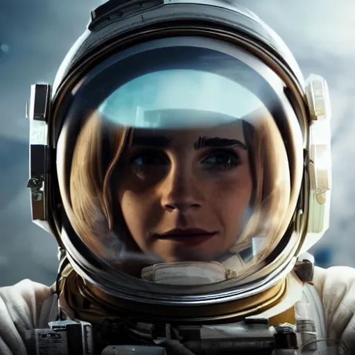 Prompt: excited emma watson's face inside astronaut's helmet, reflecting stars, high detail, smooth, sharp focus, cgsociety, artstation, illustration, unreal engine, 8 k, 4 k