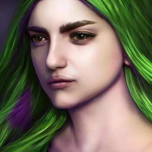 Image similar to portait elissar zakaria khoury, centred, sadness look, long purple hair, hd, unreal engine, final fantasy style amazing green background theme