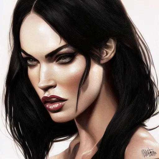 Image similar to portrait of megan fox in black business suit, fantasy, intricate, elegant, highly detailed, digital painting, artstation, concept art, matte, sharp focus, perfect face symmetry, illustration, art by aenaluck and roberto ferri and greg rutkowski, epic fantasy, digital painting