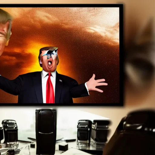 Prompt: donald trump screams so loudly that his head explodes, realistic, hdr, clear image, thunderstorm in donald trump's office, 8 k, super real event,