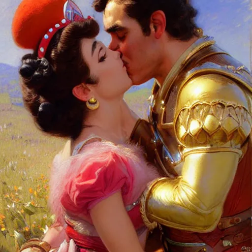 Image similar to a portrait of a super mario kissing princess peach. highly detailed painting by gaston bussiere, craig mullins, j. c. leyendecker, furry