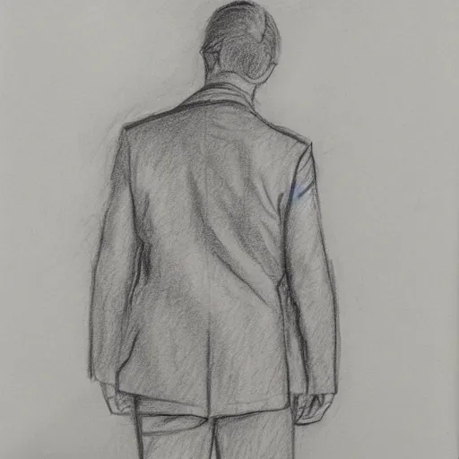 Image similar to a drawn man in jacket stand in sity. pencil sketch.