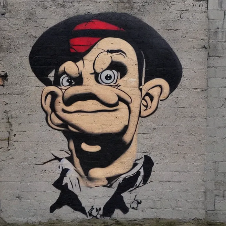 Prompt: Street-art portrait of Popeye the Sailor in style Banksy, photorealism