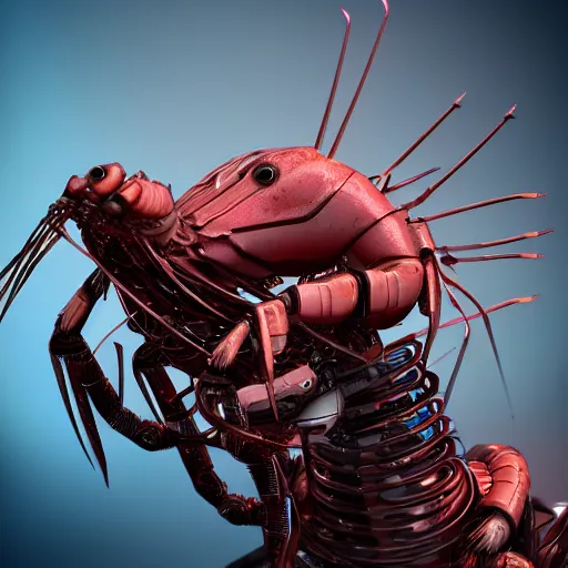 Image similar to a cybernetic engineered cyberpunk shrimp god villain, studio, studio background, sharp focus, dynamic lights, still, photograph, hyper realistic, masterpiece, digital, octane render, rendered, 3 d, blender, 3 d software