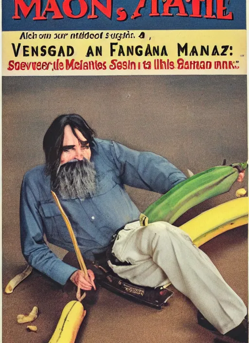 Image similar to vintage model train magazine advertisement depicting charles manson slipping on a banana peel