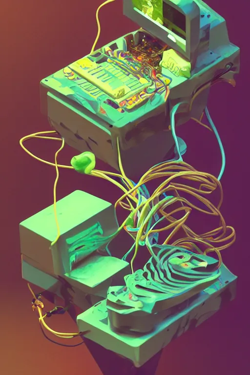 Prompt: epic 3 d abstract 🇵🇷 gameboy hacker, spinning hands and feet, 2 0 mm, plum and teal peanut butter melting smoothly into asymmetrical wires of banana and sansevieria, liquid cooling, beautiful, intricate, houdini sidefx, trending on artstation, by jeremy mann, ilya kuvshinov, jamie hewlett and ayami kojima