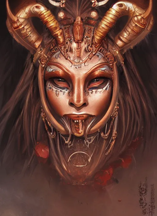 Prompt: a beautiful detailed oil on copper art illustration of a oni mask woman, centered, by charlie bowater, zeng fanzh, trending on artstation, dim dusk lighting, cinematic lighting, detailed lighting, volumetric lighting, realistic, f 8, 4 k hd wallpaper