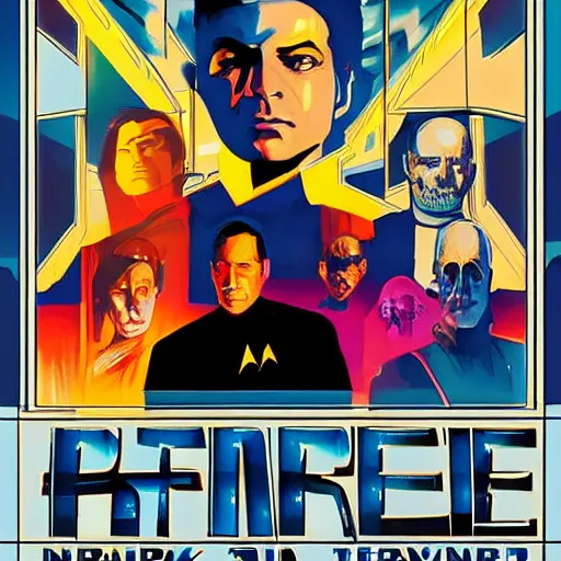 Image similar to Star Trek the next generation crew portrait, cyberpunk, synthwave, highly detailed