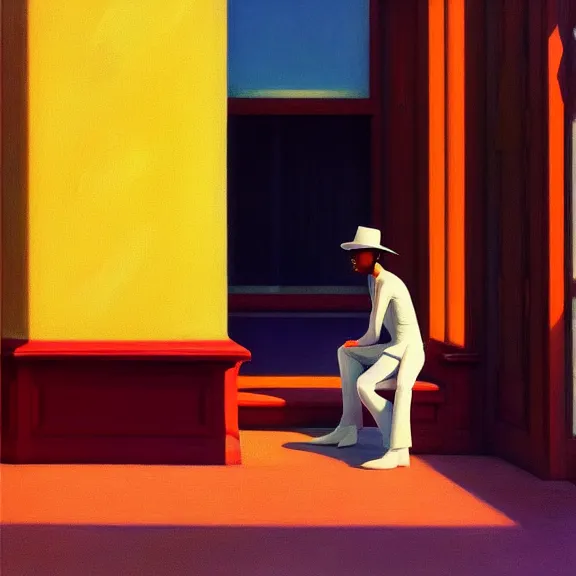 Image similar to beautiful illustration of a the artist formerly known as Prince by Edward Hopper, clean lines, very detailed, colorful octane render