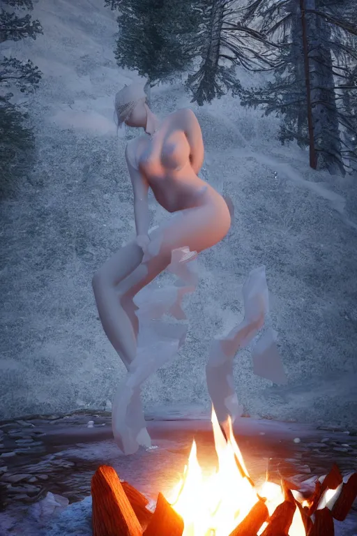 Image similar to a beautiful woman made out of crystal ice sitting by a campfire and slowly melting, by iris van herpen, unreal engine 5, volumetric lighting, path tracing, outdoor campfire pit