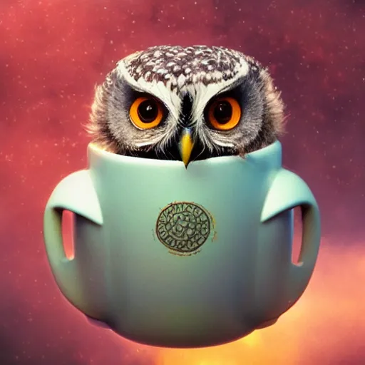 Image similar to long shot of a very cute owl chick nesting in a very futuristic cup, esao andrews, m. w. kaluta, yoshita amano, humorous illustration, hyperrealistic, big depth of field, warm colors, night scenery, low light, 3 d octane render, 4 k, conceptart, hyperdetailed, hyperrealistic, trending on artstation