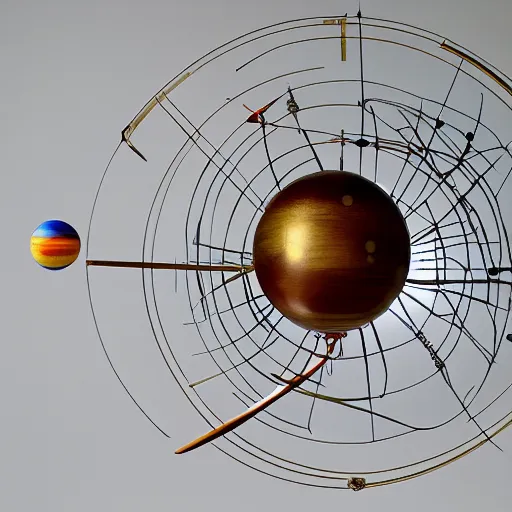 Image similar to a kinetic sculpture of this solar system, sun, mercury, venus, earth, mars, jupiter, saturn, uranus, neptune, pluto, orrery, canon 5 d 5 0 mm lens, papier - mache, studio, official intelligence