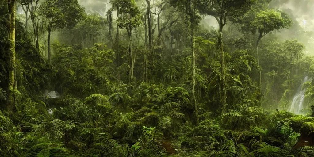 Prompt: a hyper realistic professional photographic picture of the Amazon rainforest during a thunderstorm, photographic filter unreal engine 5 realistic hyperdetailed 8k ultradetail cinematic concept art volumetric lighting, fantasy artwork, very beautiful scenery, very realistic painting effect, hd, hdr, cinematic 4k wallpaper, 8k, ultra detailed, high resolution, artstation trending on artstation in the style of Albert Dros glowing rich colors powerful imagery nasa footage drone footage drone photography