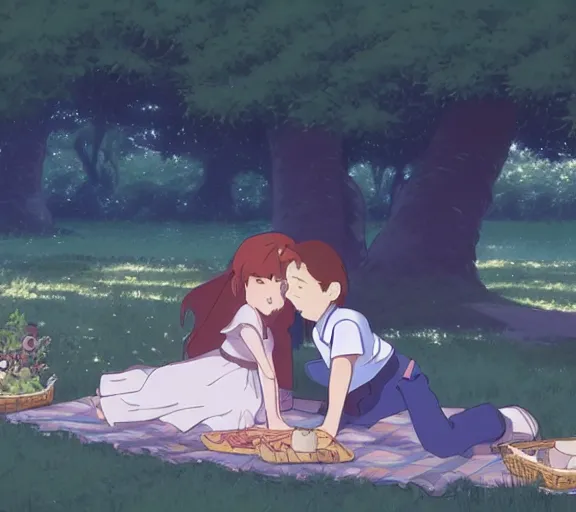 Image similar to a wholesome animation key shot of a girl and boy sitting together under a tree, having a picnic, boy and girl!!!, girl has long auburn hair, boy has short brown hair. studio Ghibli, Pixar and Disney animation, sharp, very detailed, high resolution, by Raphael LaCoste and Ruan Jia and Robert McCall, postcyberpunk, geodesic, hyperdetailed, sunrise, wide shot, autochrome, octane render, inspired by Hayao Miyazaki, anime key art by Greg Rutkowski, Bloom, dramatic lighting