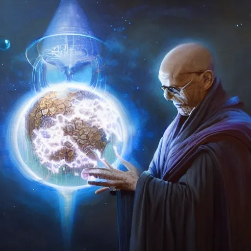 Image similar to the creator of worlds wearing a cloak and holding a holographic planet projection in his hand, detailed, sci - fi, digital painting, artstation, sharp focus, illustration, ominous, artgerm, tomasz alen kopera, peter mohrbacher, donato giancola, joseph christian leyendecker, wlop, frank frazetta