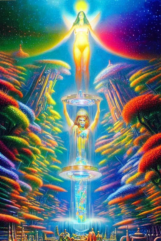 Prompt: a realistic detailed cinematic painting of a beautiful clear dichoric glass wonderland, vibrant expanded consciousness of human evolution, spiritual enlightenment, opal statues, by david a. hardy, kinkade, lisa frank, wpa, public works mural, socialist