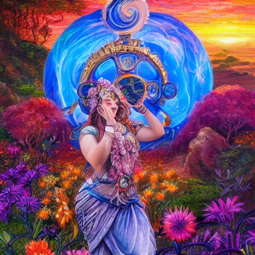 Prompt: a ram goddess checking her cell phone, erupting volcano and sunset in distance in background, flowers in foreground by senior concept artist josephine wall, zodiac, fantasy, acrylic on canvas, intricately detailed, highly detailed, high resolution, hd, 8 k, wallpaper, trending on artstation,