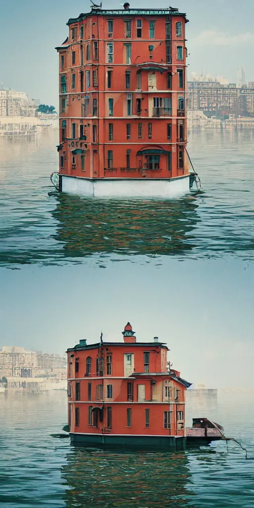 Prompt: wes anderson style beautiful floating building