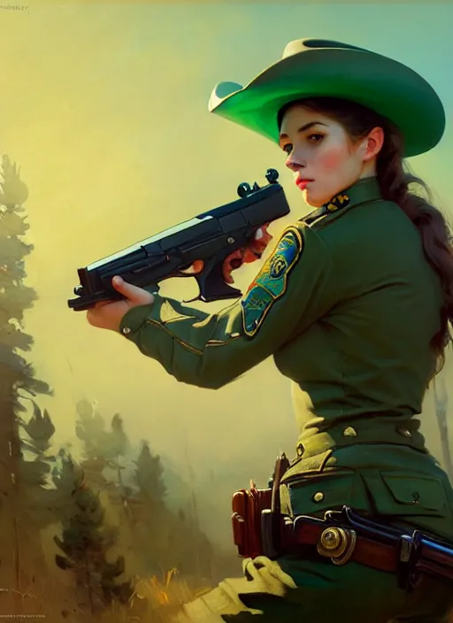 Prompt: female sheriff with a gun, beautiful girl, full body, green hair, cowboy hat, realistic, serov, surikov, vasnetsov, repin, kramskoi, insanely detailed, charlie bowater, tom bagshaw, high resolution, octane rendered, unreal engine, illustration, trending on artstation, masterpiece, 8 k