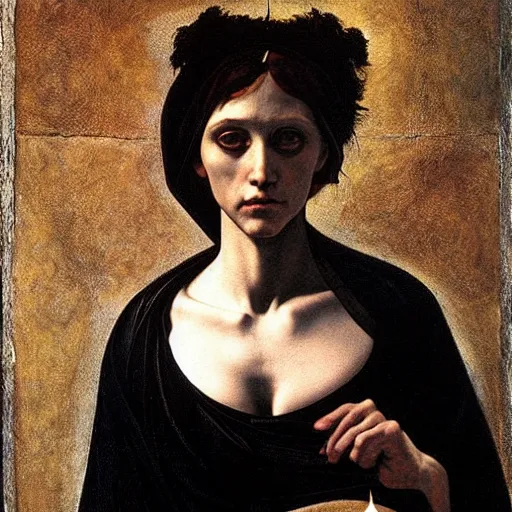 Prompt: portrait of beautiful witch circe in the odyssey, art by petrus christus, caravaggio, leonardo da vinci