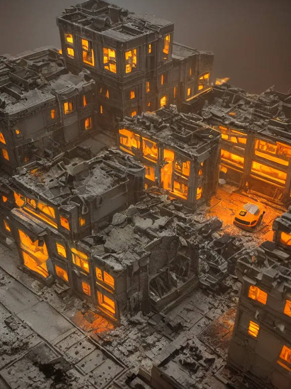 Image similar to mega detailed miniature voxel diorama abandoned labolatory, cold war era, brutalism architecture, suburban, hard lights are on in the windows, dark night, fog, winter, blizzard, uncozy and dark atmosphere, row of street lamps with cold orange light, several ruins nearby, 1 9 6 0